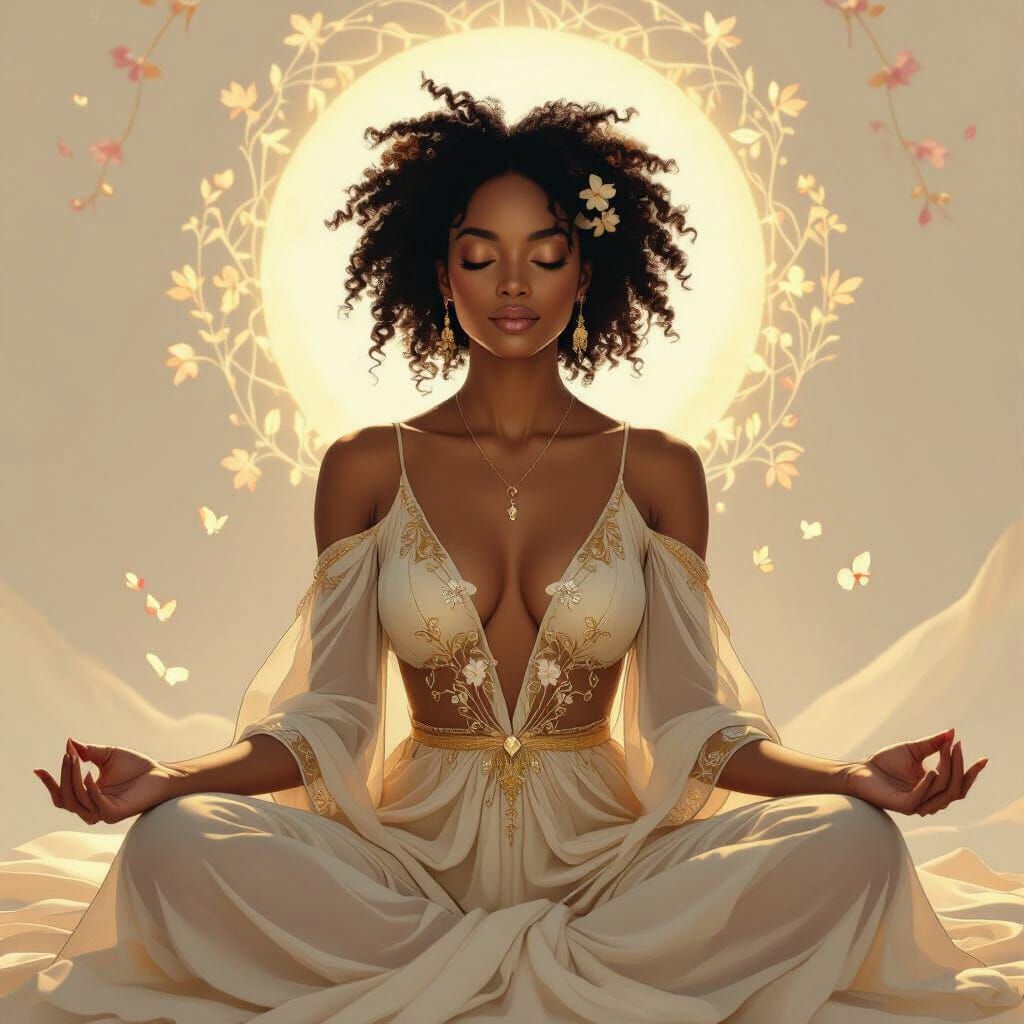 Meditative African American Woman in Elegant Gown