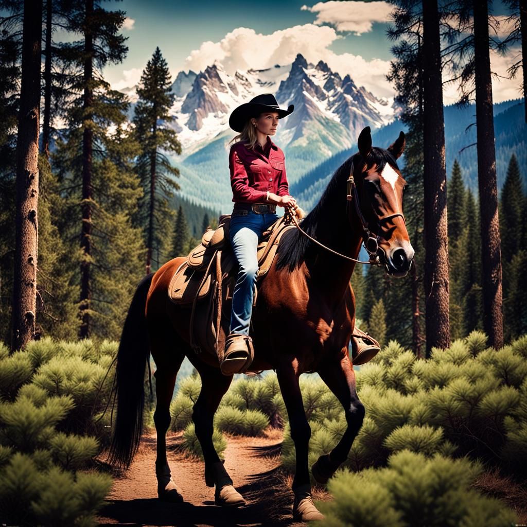 Cowgirl on Horseback in Evergreen Forest