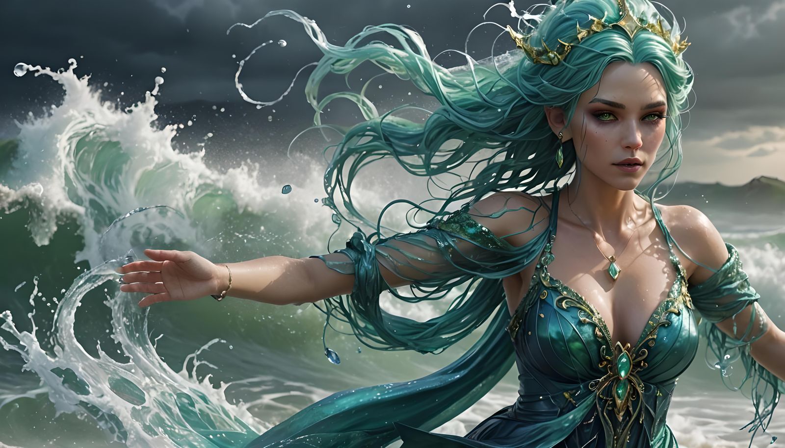 Water Sorceress Casting Spell on Stormy Beach