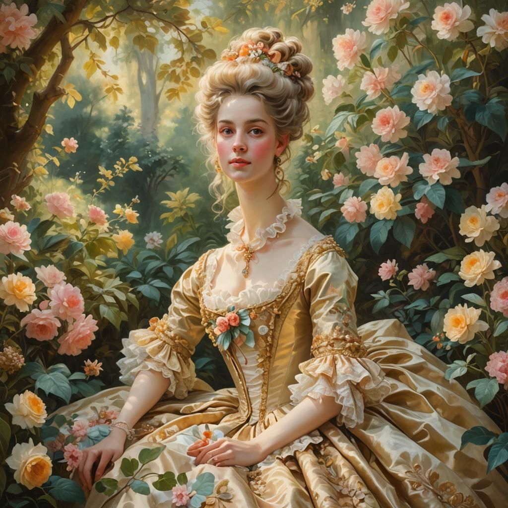 Elegant Woman in Garden: A Rococo Oil Painting