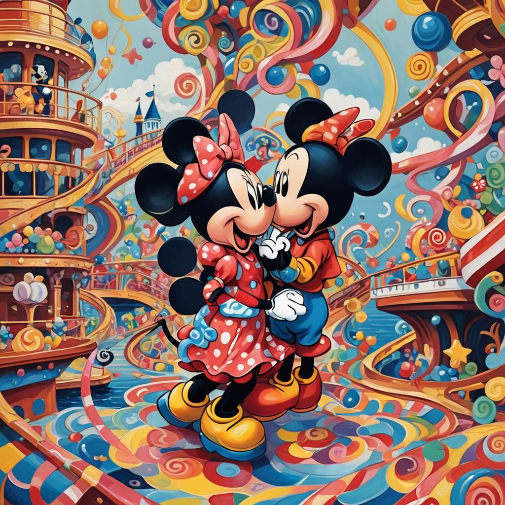 Mickey and Minnie Kissing on Cruise Ship: Gouache Art