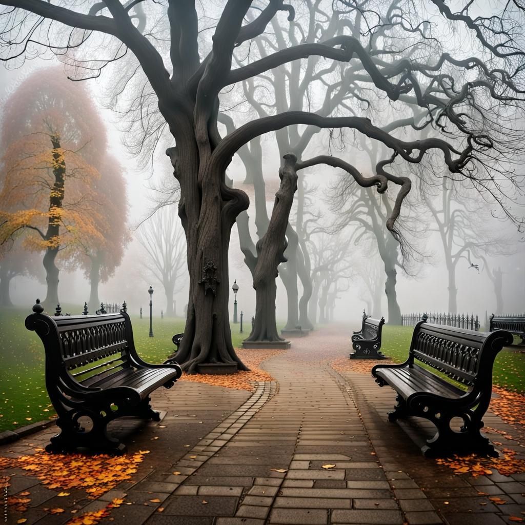 Gothic Victorian Park in Foggy Autumn Light