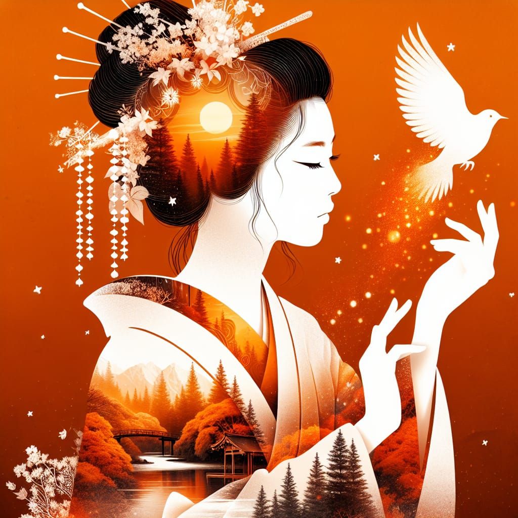A concept art in double exposure style that showcases a silhouette of a Japanese geisha in shades of orange and white