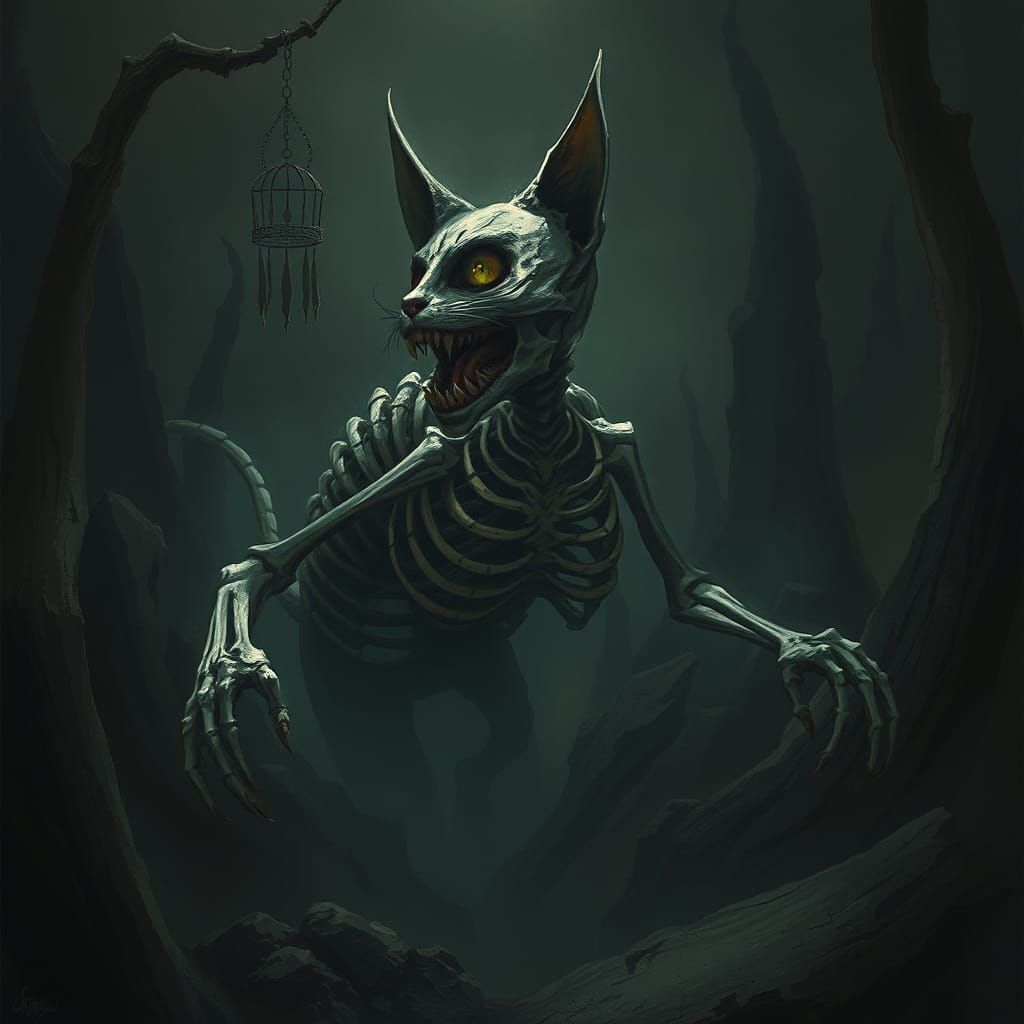 Sinister Skeletal Cheshire Cat Emerges from Darkness
