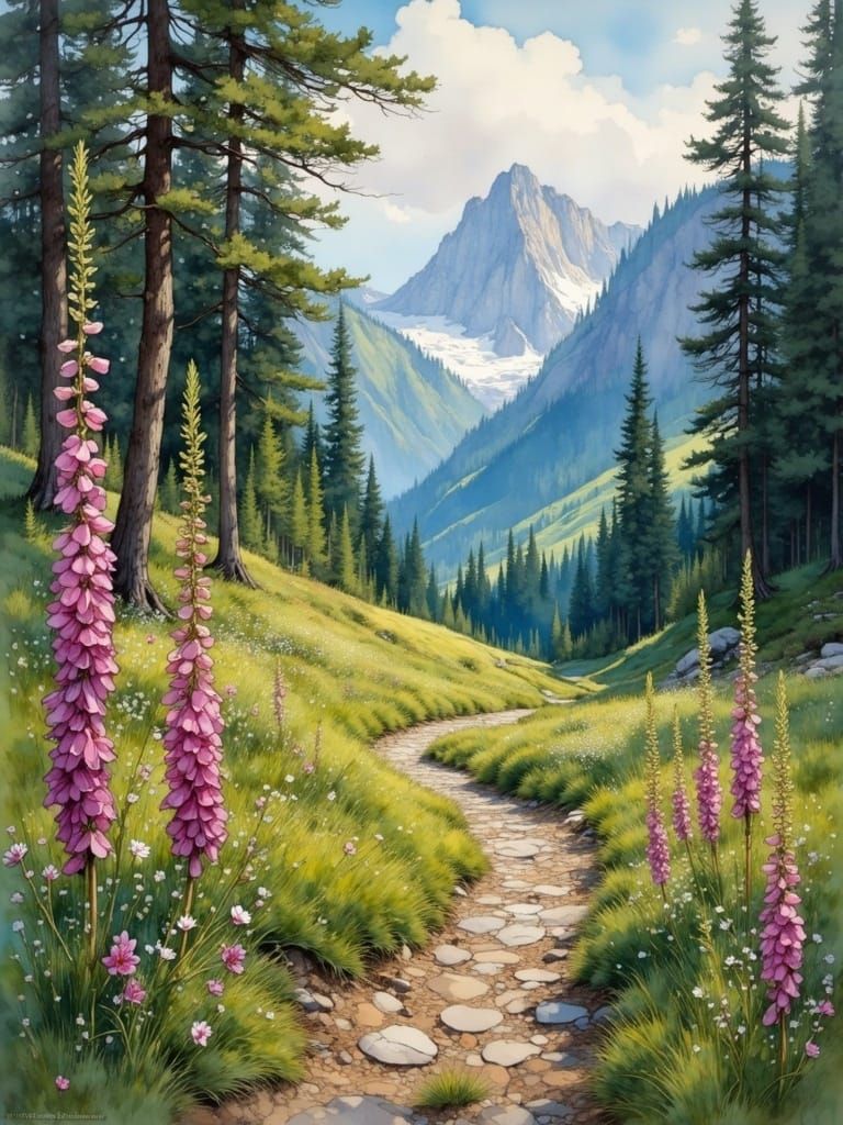 Vibrant Summer Mountain Scene in Painterly Style