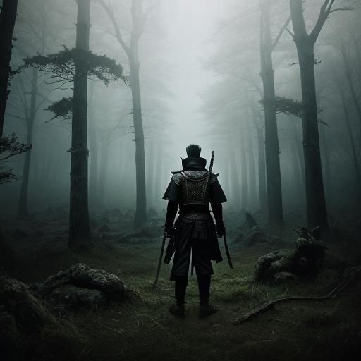 Mysterious Ninja in Ruined Temple: Dark Fantasy Art