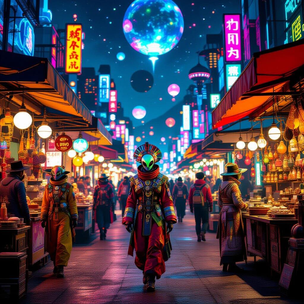 Alien Night Market on Beta Arcturus III in Cyberpunk Style