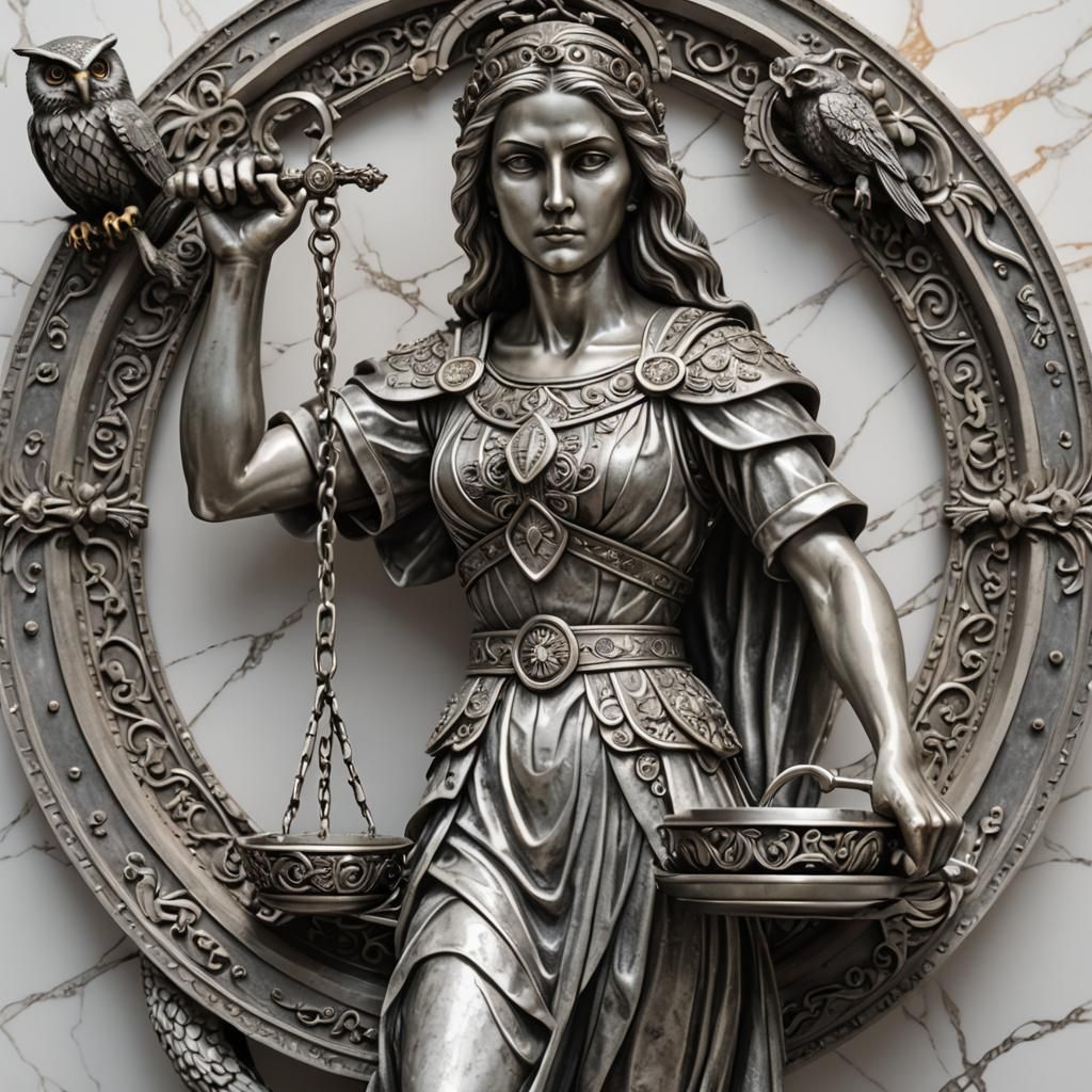 Silver Sculpture of Blind Justice with Owl