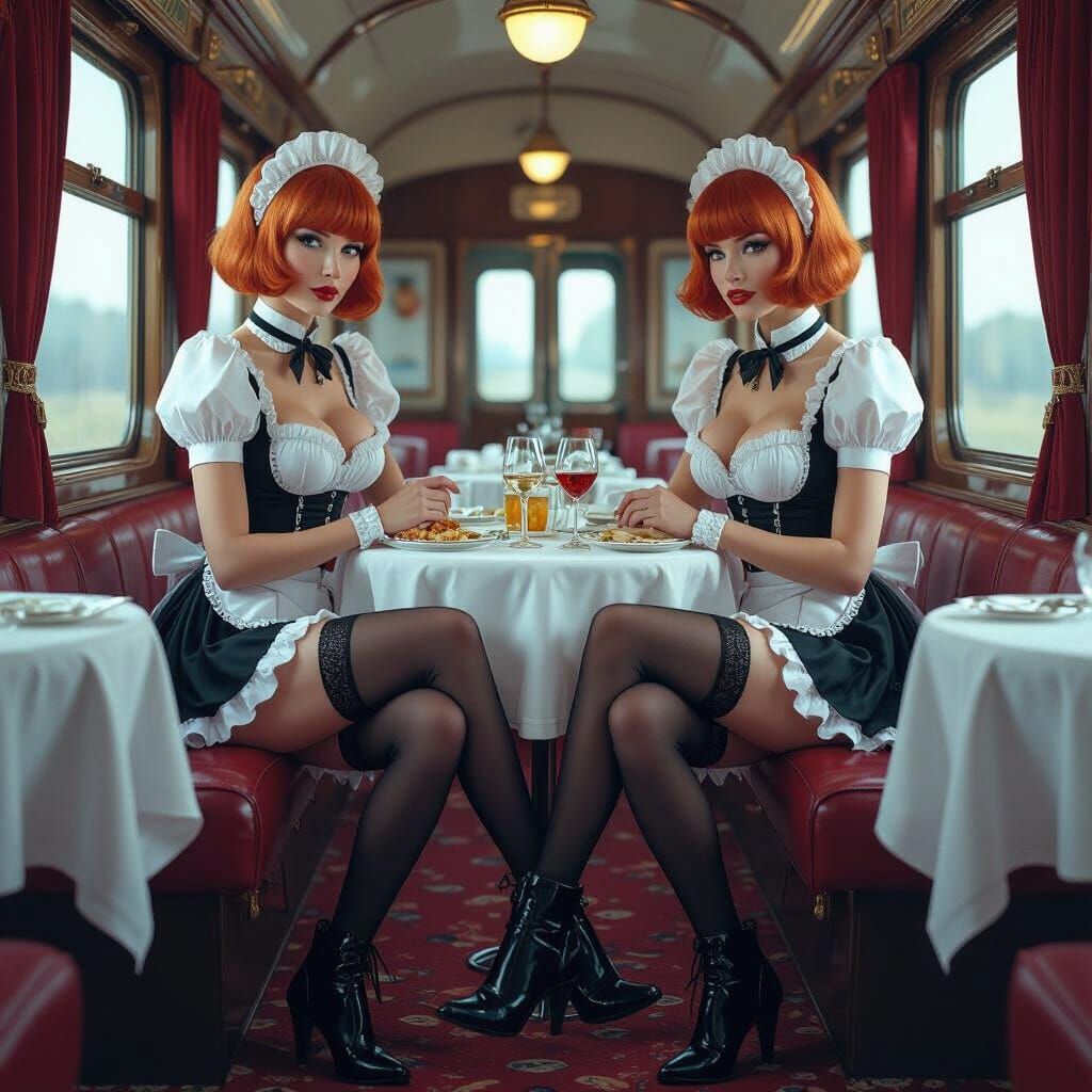 French Maids on Luxury Train in Detailed Digital Art
