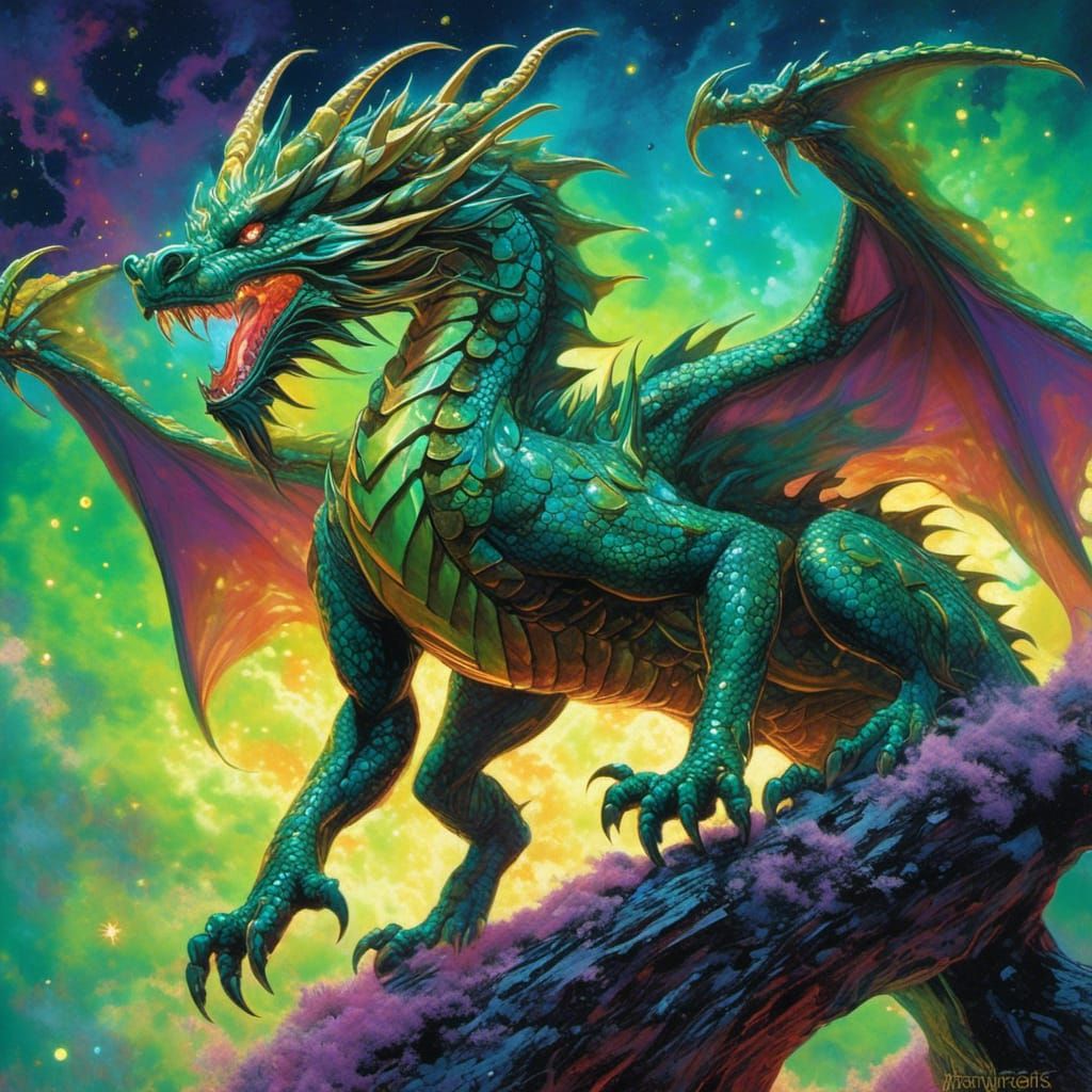 Happy Green Dragon in Bioluminescent Galaxy