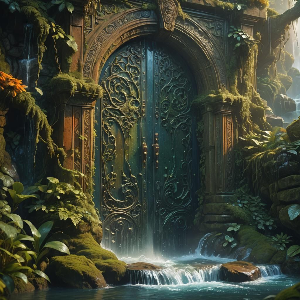 Otherworldly Door Hidden Behind Waterfall: Fantasy Concept A...