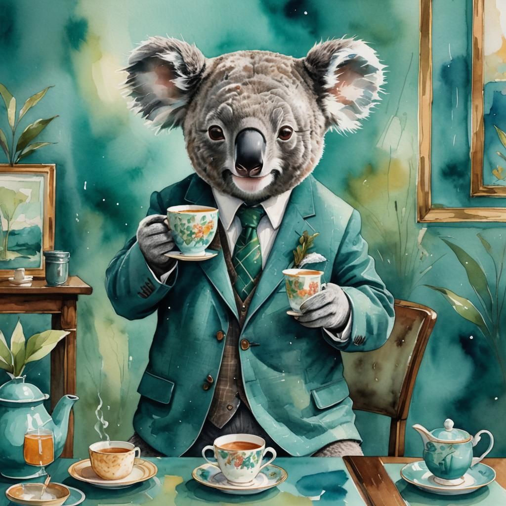 Koala Bear Sipping Tea in Watercolor Style