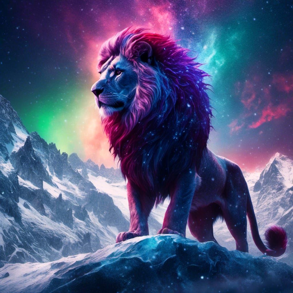 Majestic Mythical Lion on Glacier Under Aurora