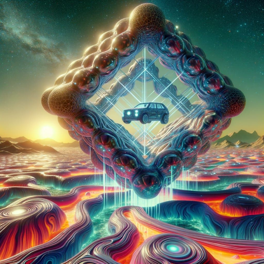 Ferrofluid Car in a 4D Tesseract Amidst a Luminous Living La...