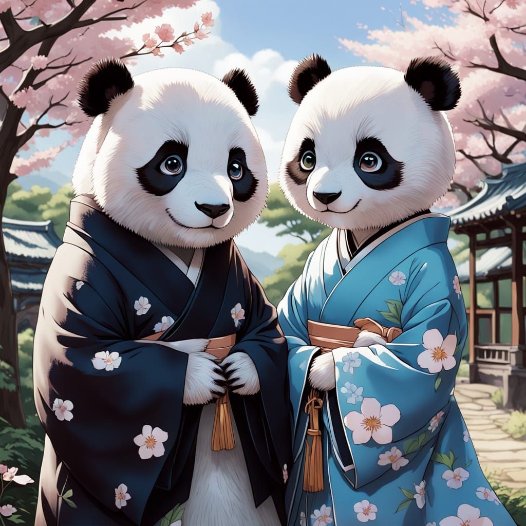 Charming Chibi Anime-Style Panda Bear Couple in Whimsical So...