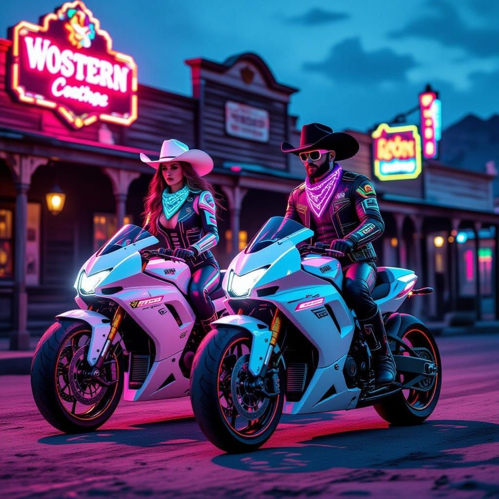 Cyberpunk Cowgirl and Cowboy Ride Neon Motorcycles
