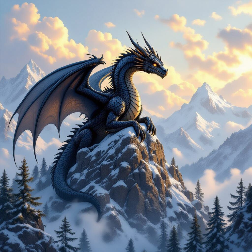 Ancient Dragon on Snowy Peak in Matte Painting Style