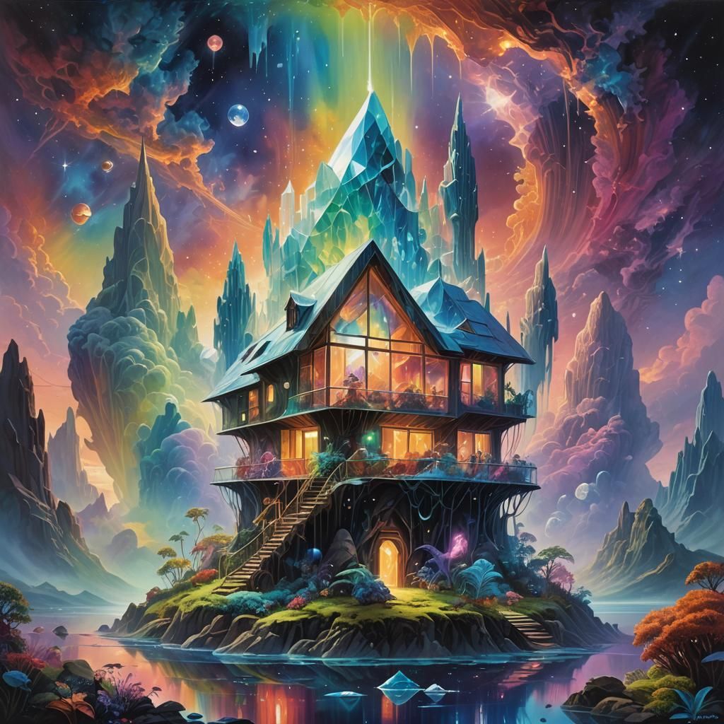 Alien Family in Glowing Crystal Home, Roger Dean Style