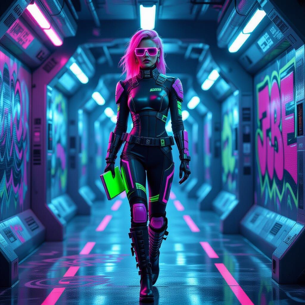 Futuristic Woman in Neon Spaceship Hallway