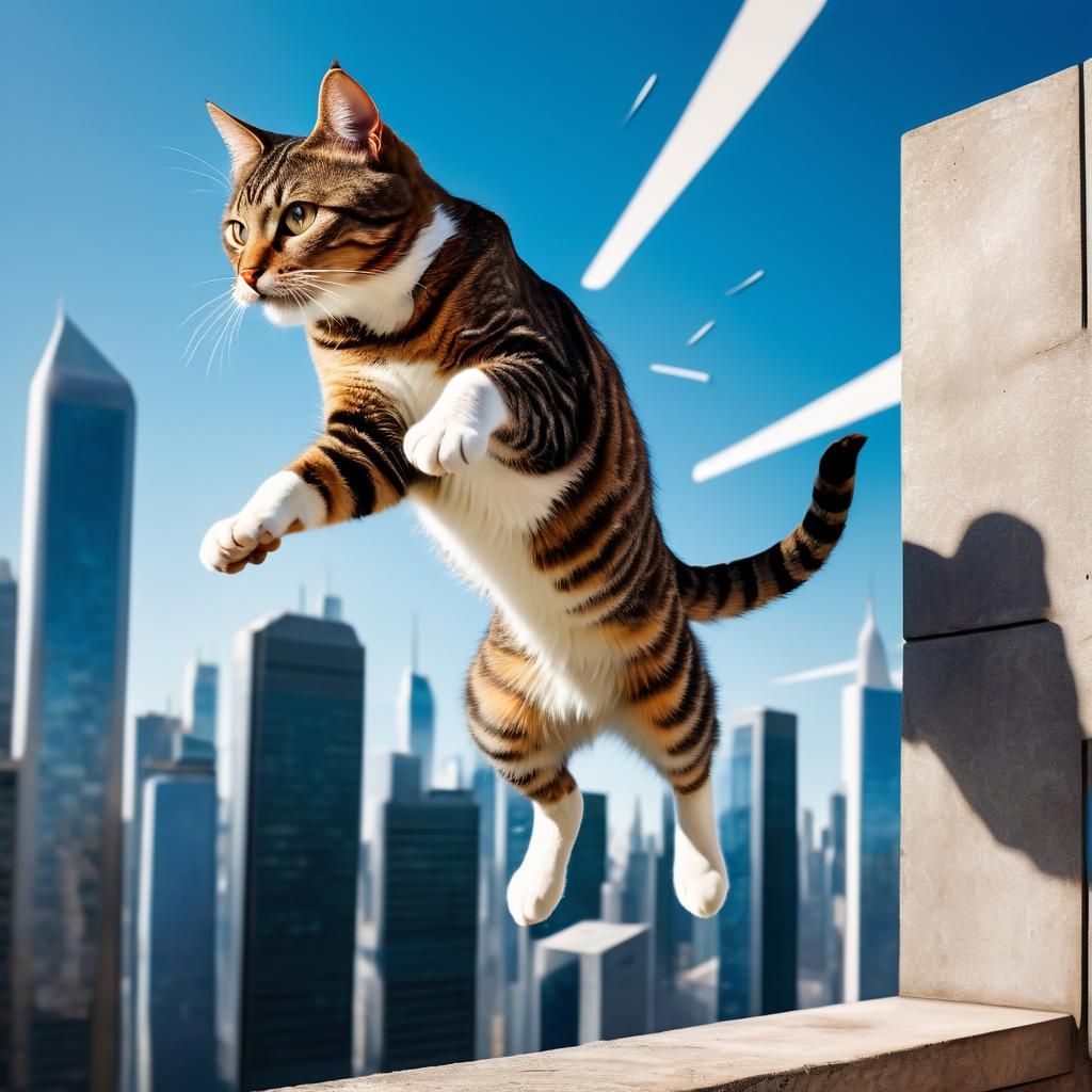 Leaping Tabby Cat in Futuristic Cityscape