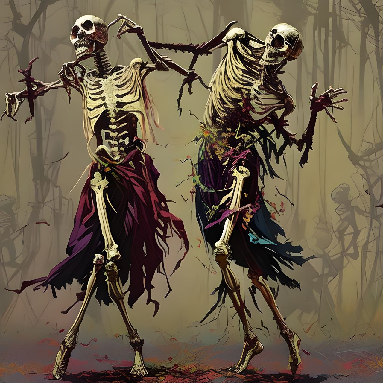 Skeletons Waltzing: A Colorful and Detailed Digital Painting