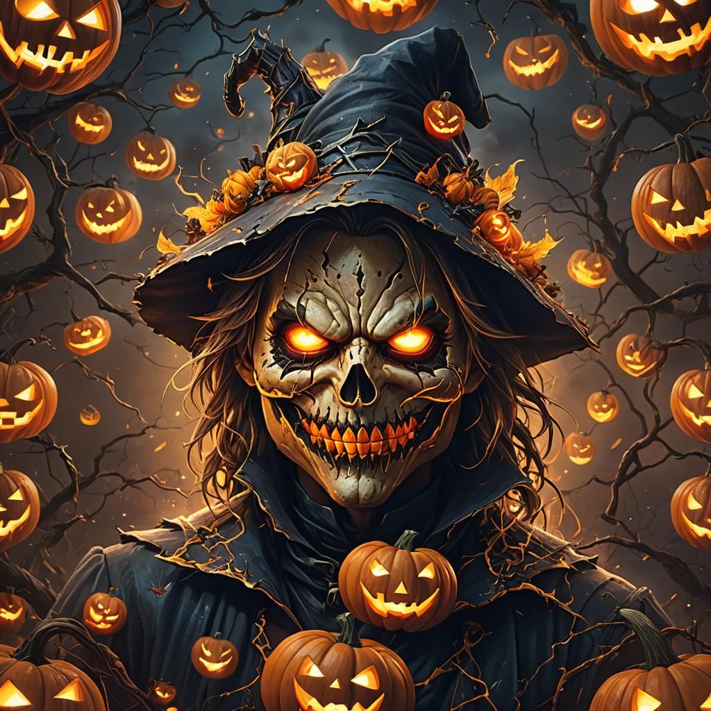 Eerie Lightning Illuminates Halloween Jack-o'-lantern Portra...