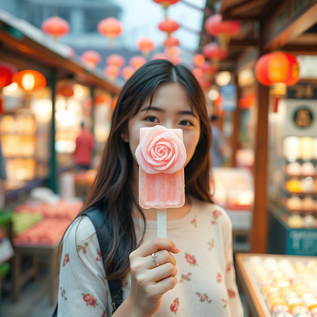 Korean Girl with Rose Popsicle in Floating Market