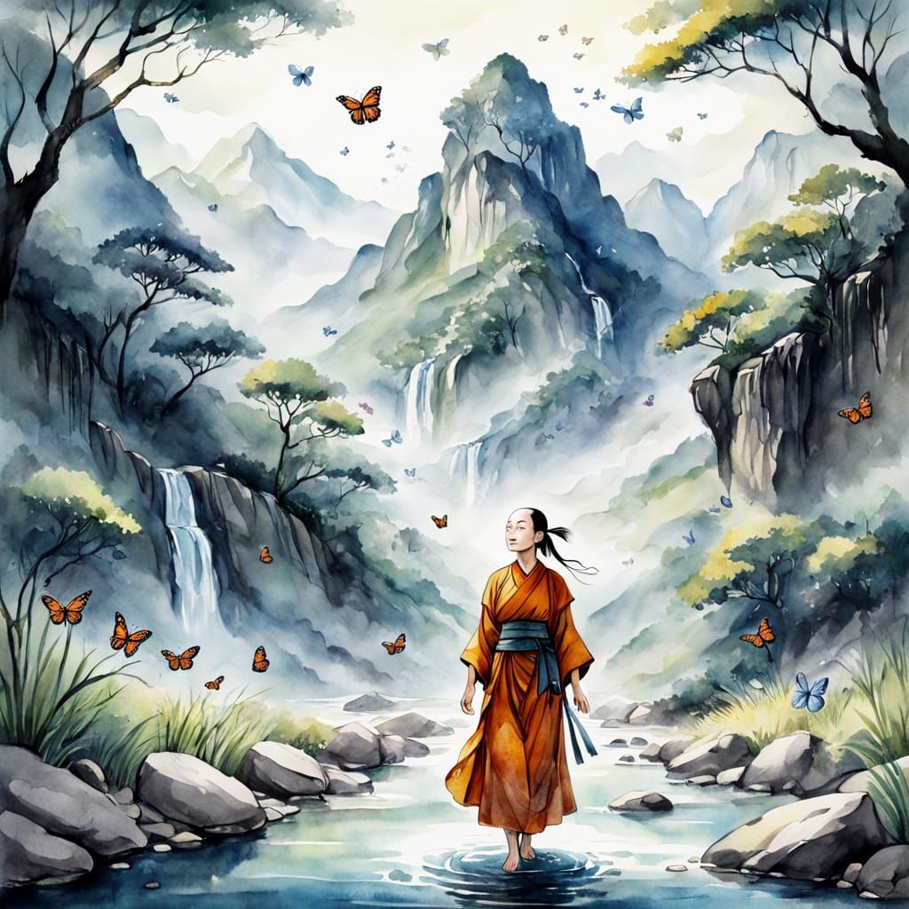 Zen Monk Suspended over Stream in Watercolor