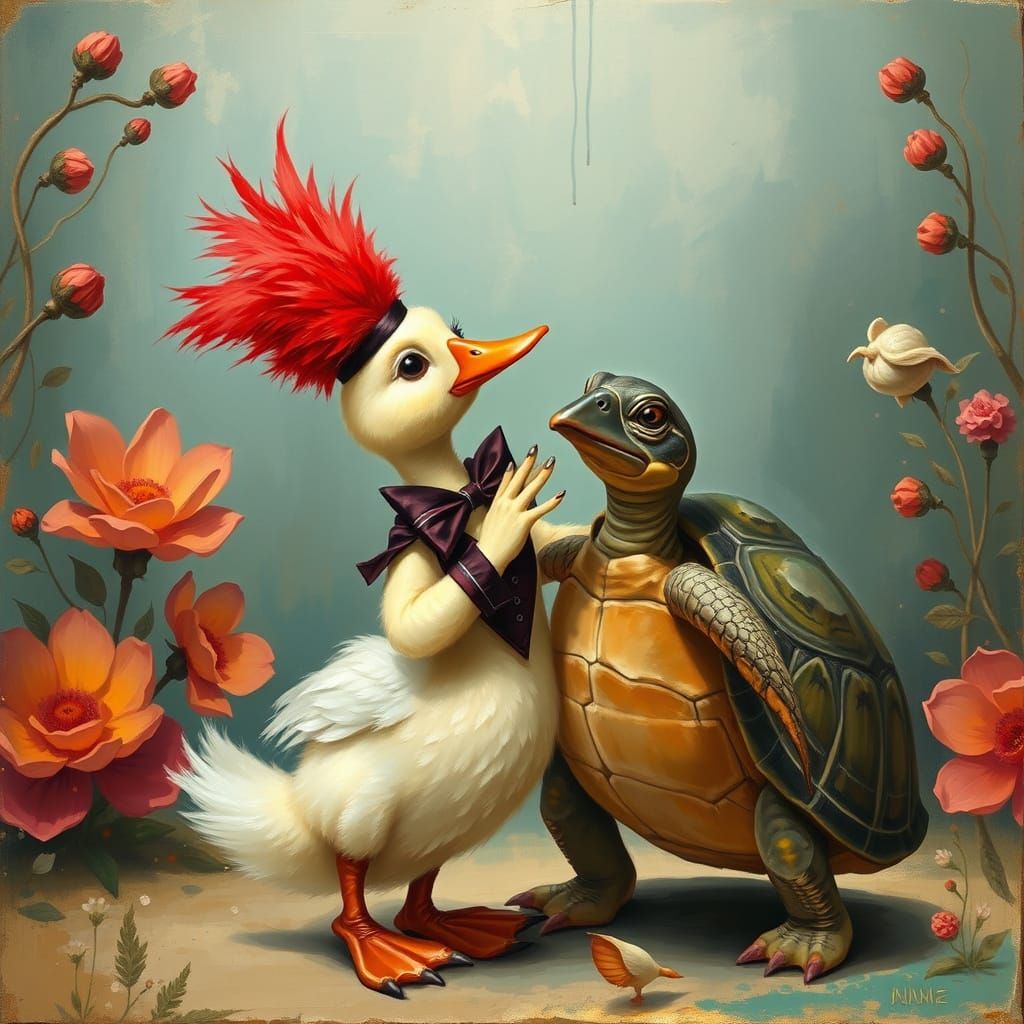 Duckling and Turtle Tango in Dreamlike Style