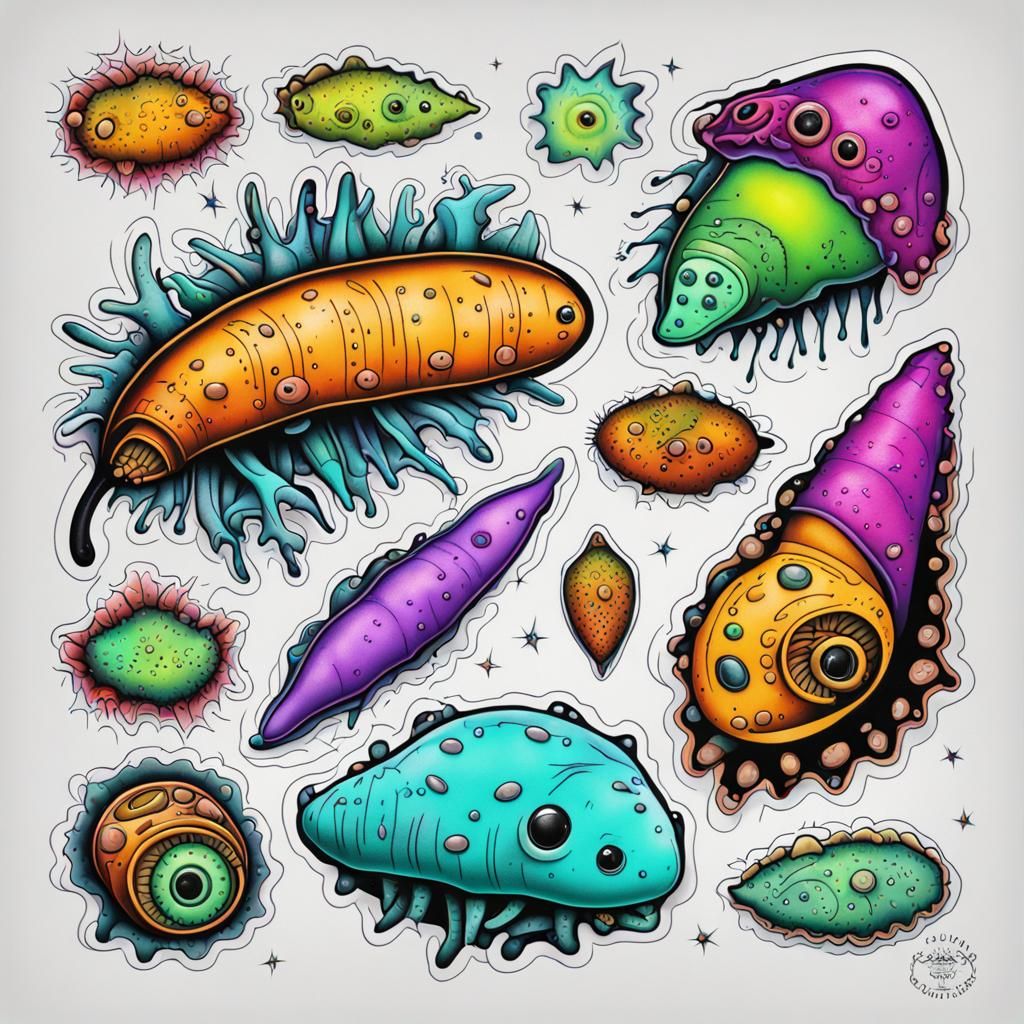 New School Tattoo Flash Sheet with Cute Microbes