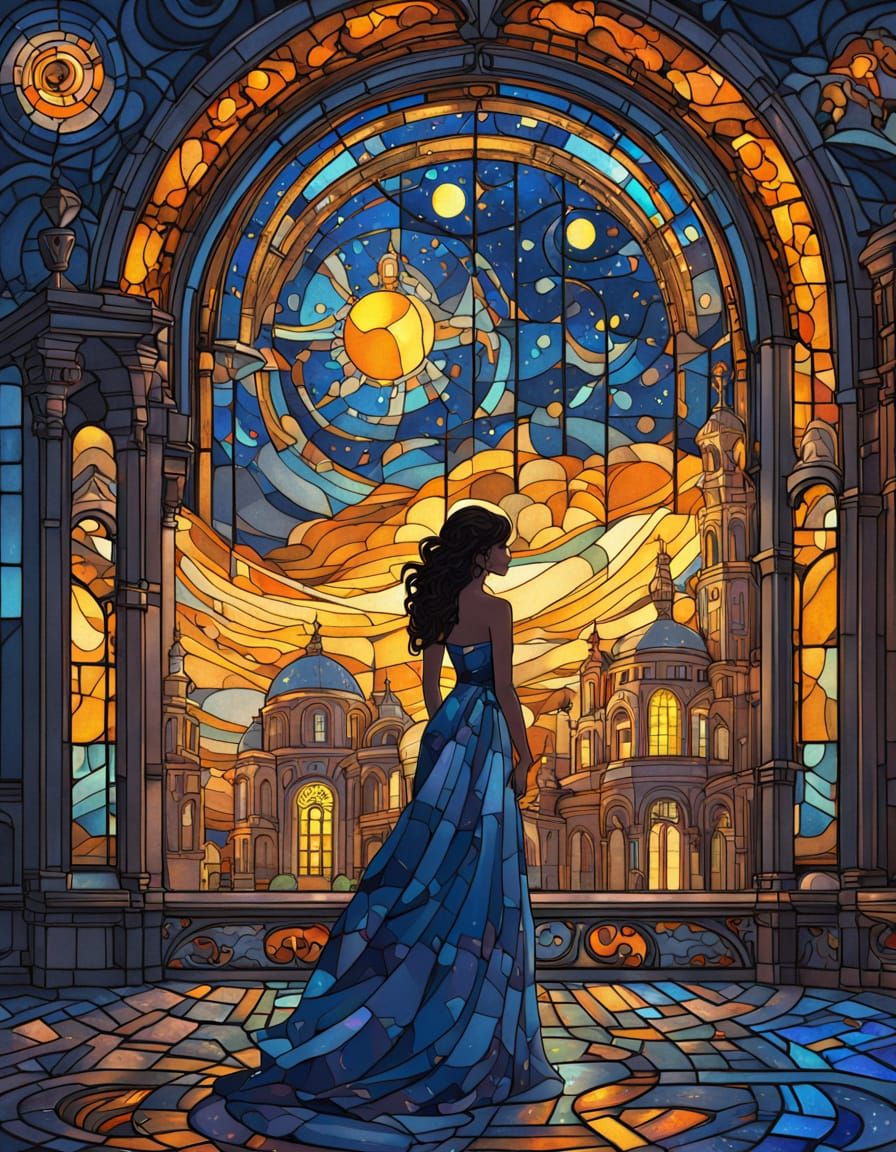 Woman in Stained Glass Art Nouveau Cityscape