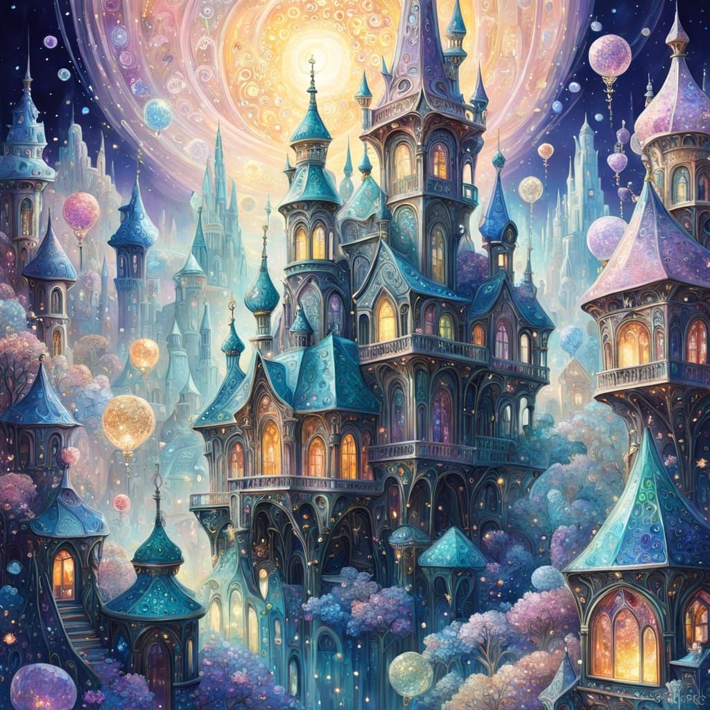 Whimsical Fantasy World in Iridescent Hues