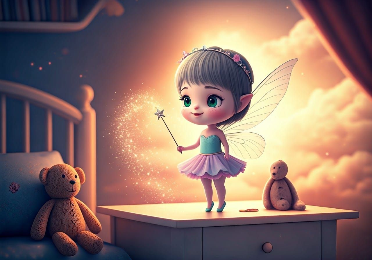Adorable Chibi Tooth Fairy in Whimsical Bedroom