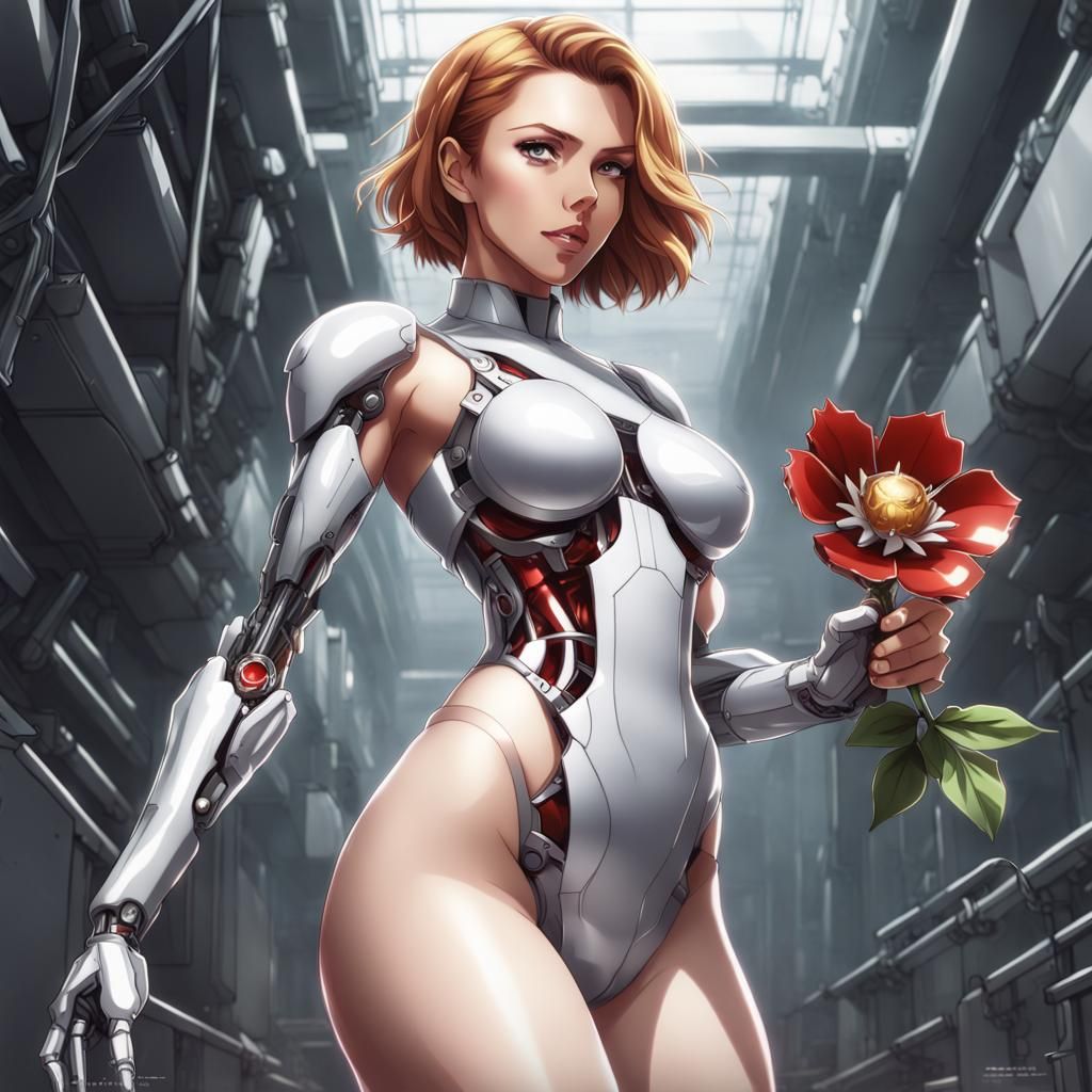 Cyborg Scarlett Johansson wearing a bodysuit holding a metal flower in hand