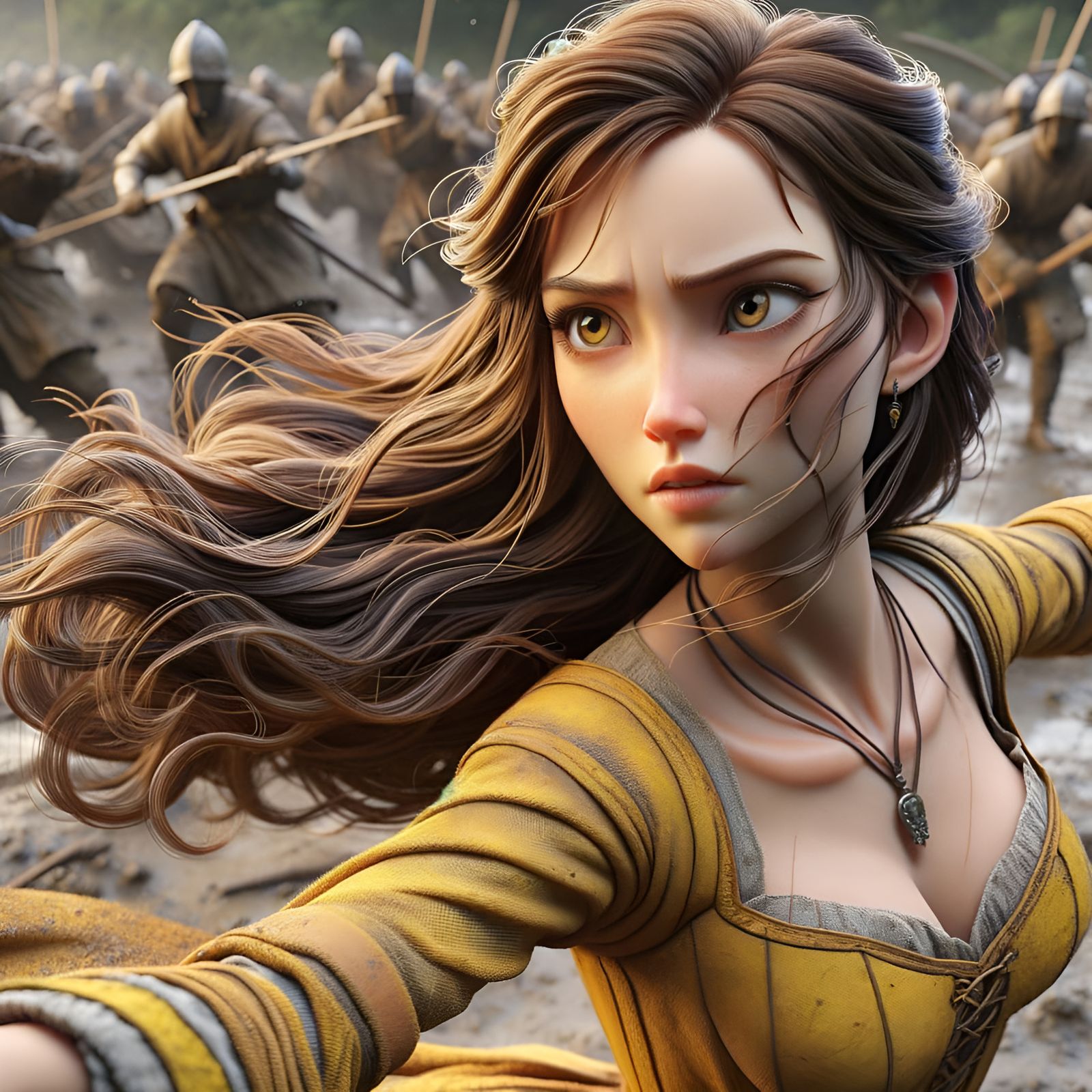 Determined Princess in War Zone as Oil Painting