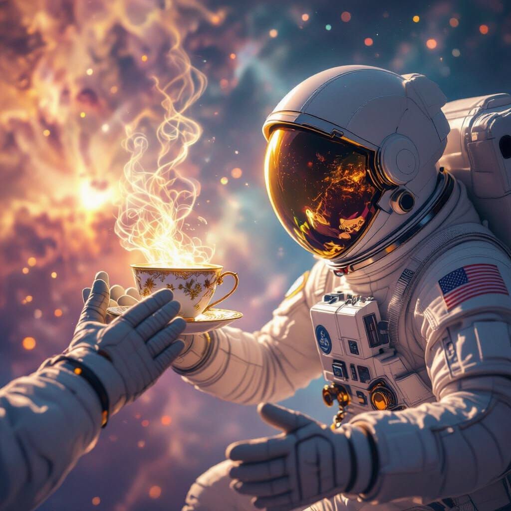 Astronaut Reaches for Glowing Teacup in Cosmic Void