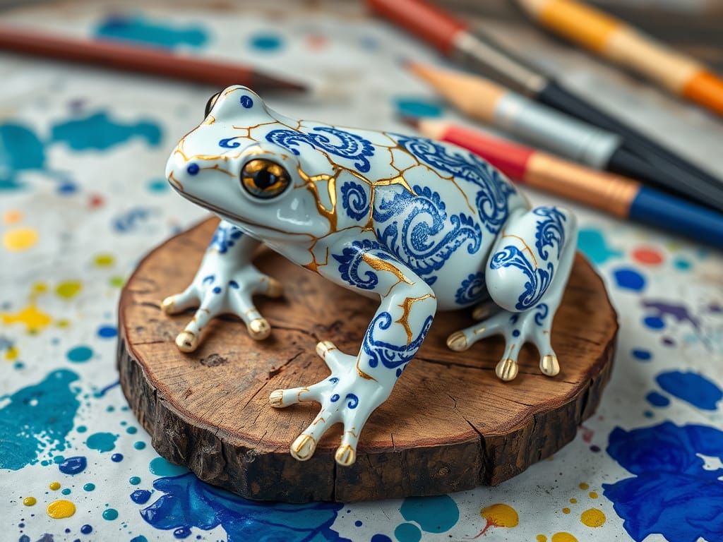 Golden Frog on Wooden Board with Art Supplies