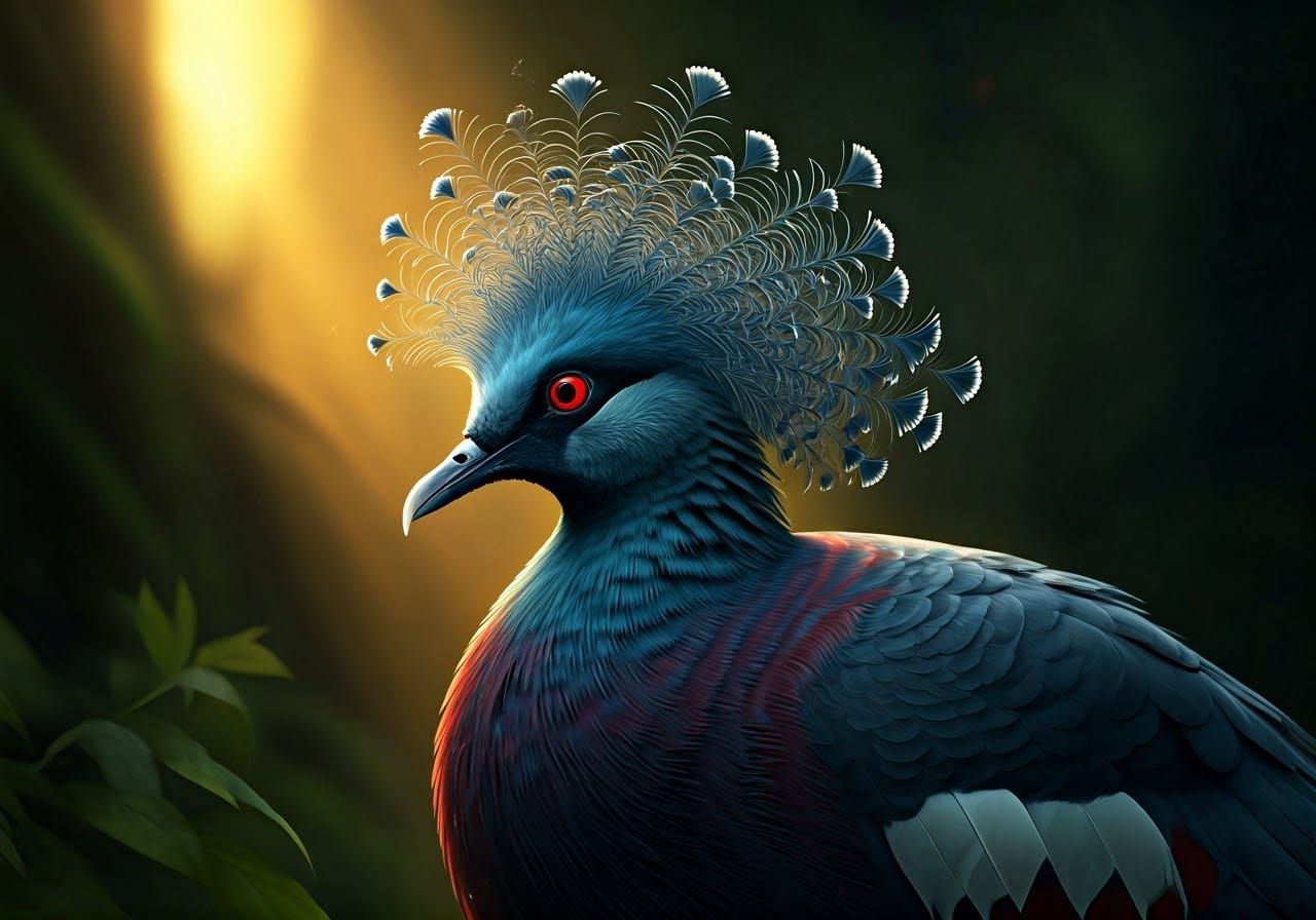 Victoria Crowned Pigeon in Hyperrealistic Forest Art