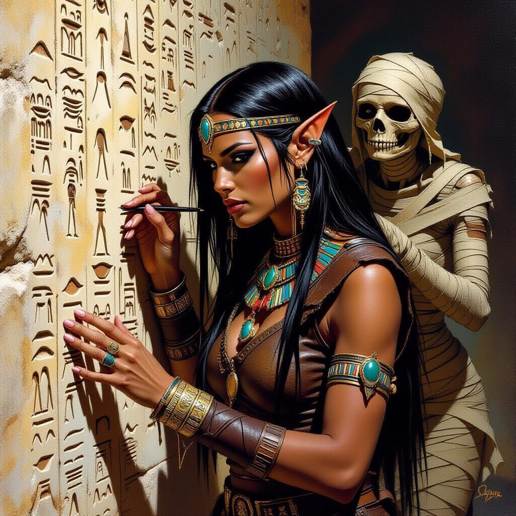 Elf Deciphers Hieroglyphs as Oil Painting