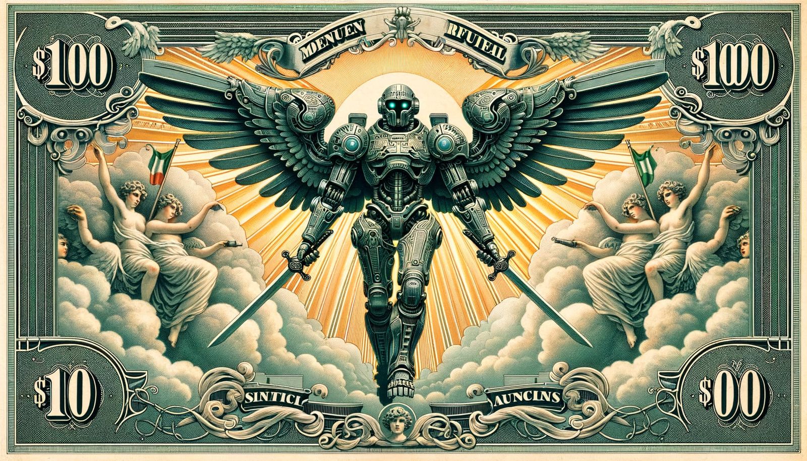 Ornate Banknote with Armored Robot Angel