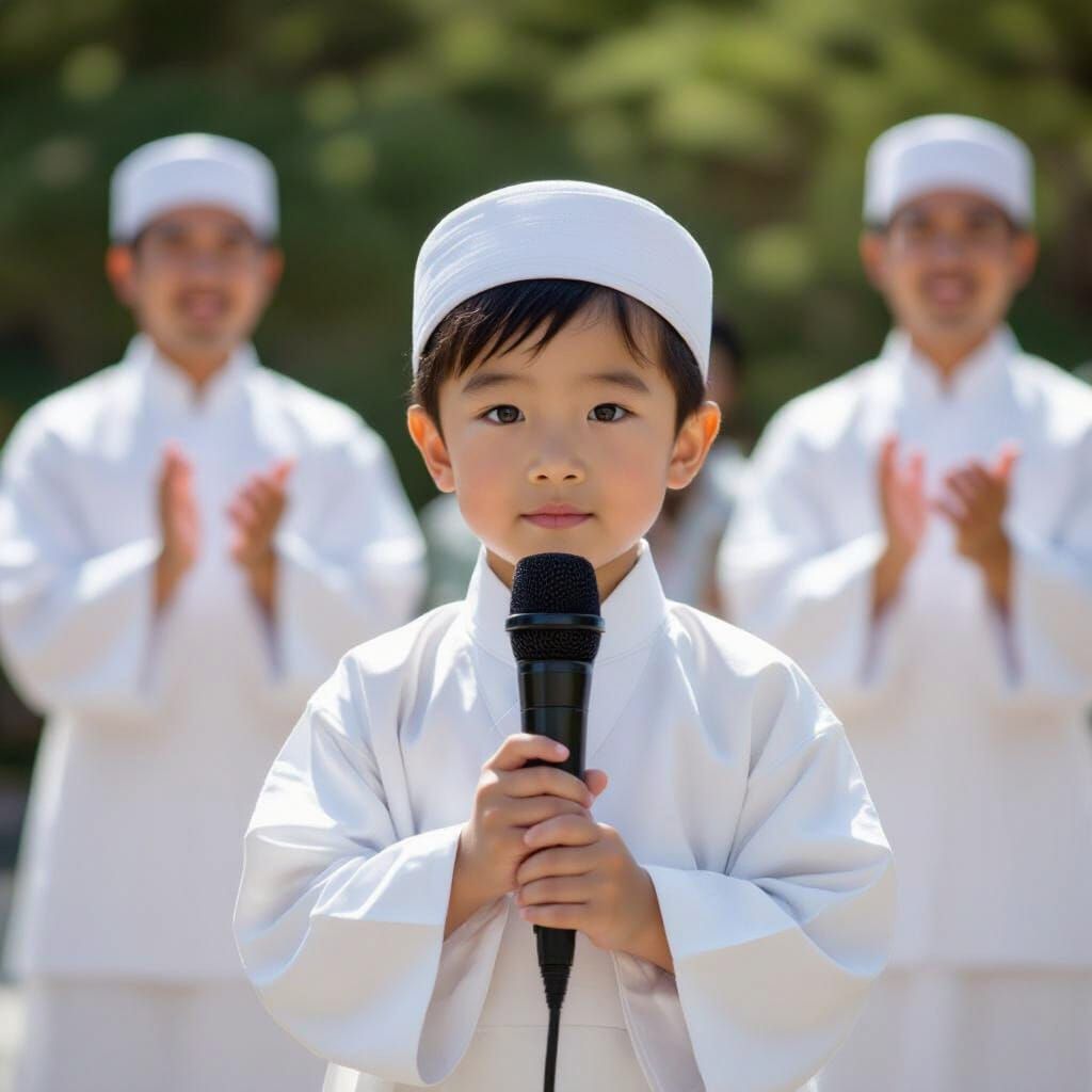 Young Boy in Traditional Garb Holds Microphone with Serious ...