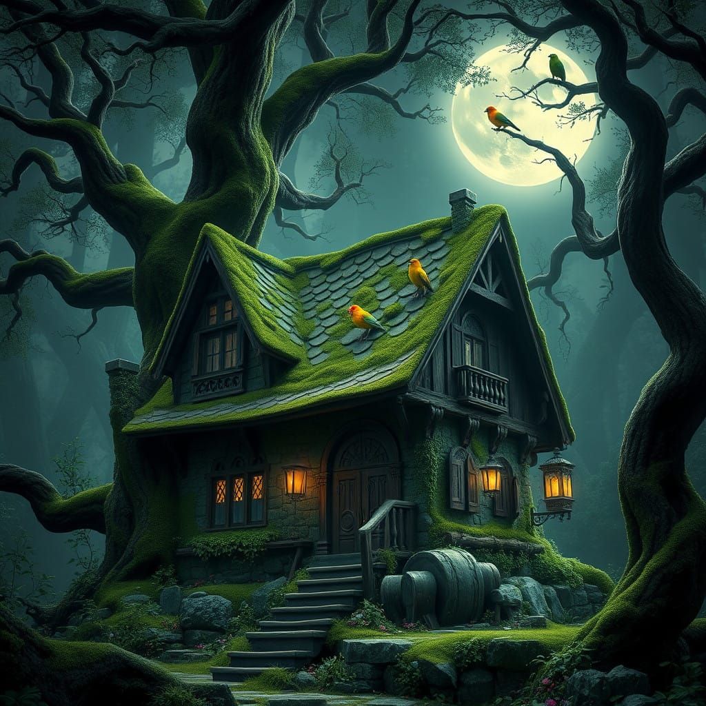 Enchanted Ancient House in Primeval Forest under Full Moon