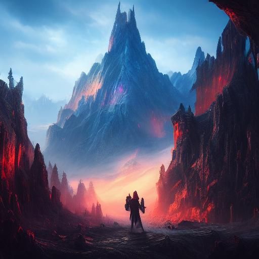 Hero on Misty Peak in a Fantasy Landscape