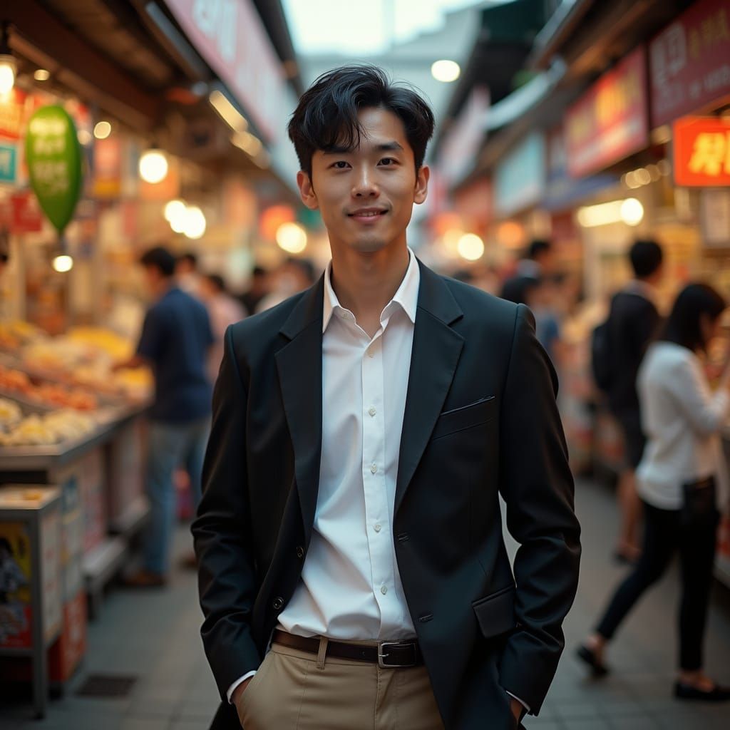 Asian American Man in Korean Marketplace: Hyperrealistic Pho...