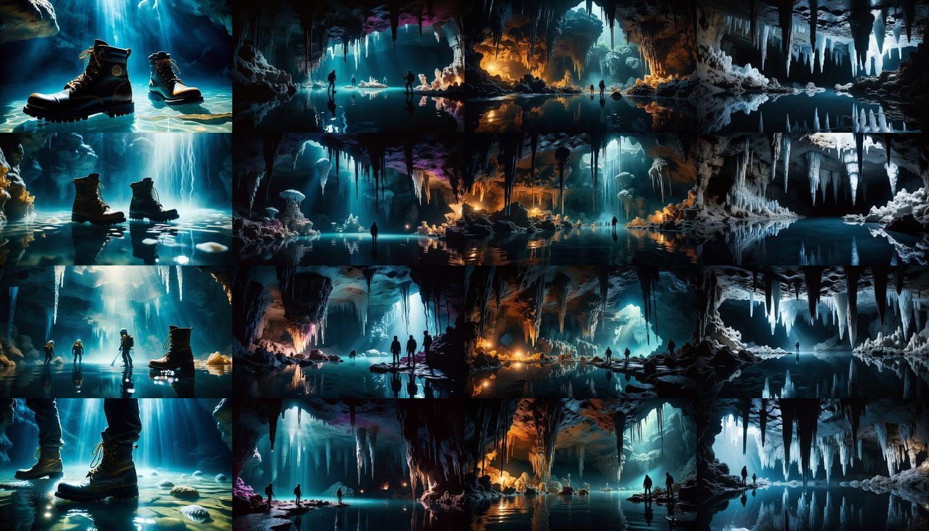 Spelunkers navigate a vast cave, weaving through jagged stalagmites and dripping stalactites. A still pool reflects thei...