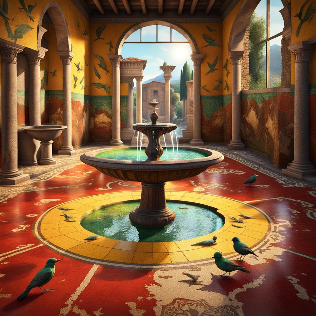 Ancient Pompeii House with Mosaic Birds and Fountain