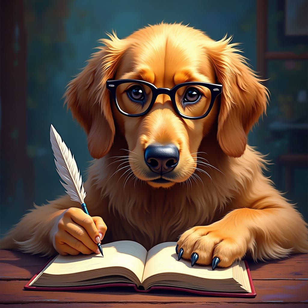 Clever Golden Retriever Writes Book with Quill Pen