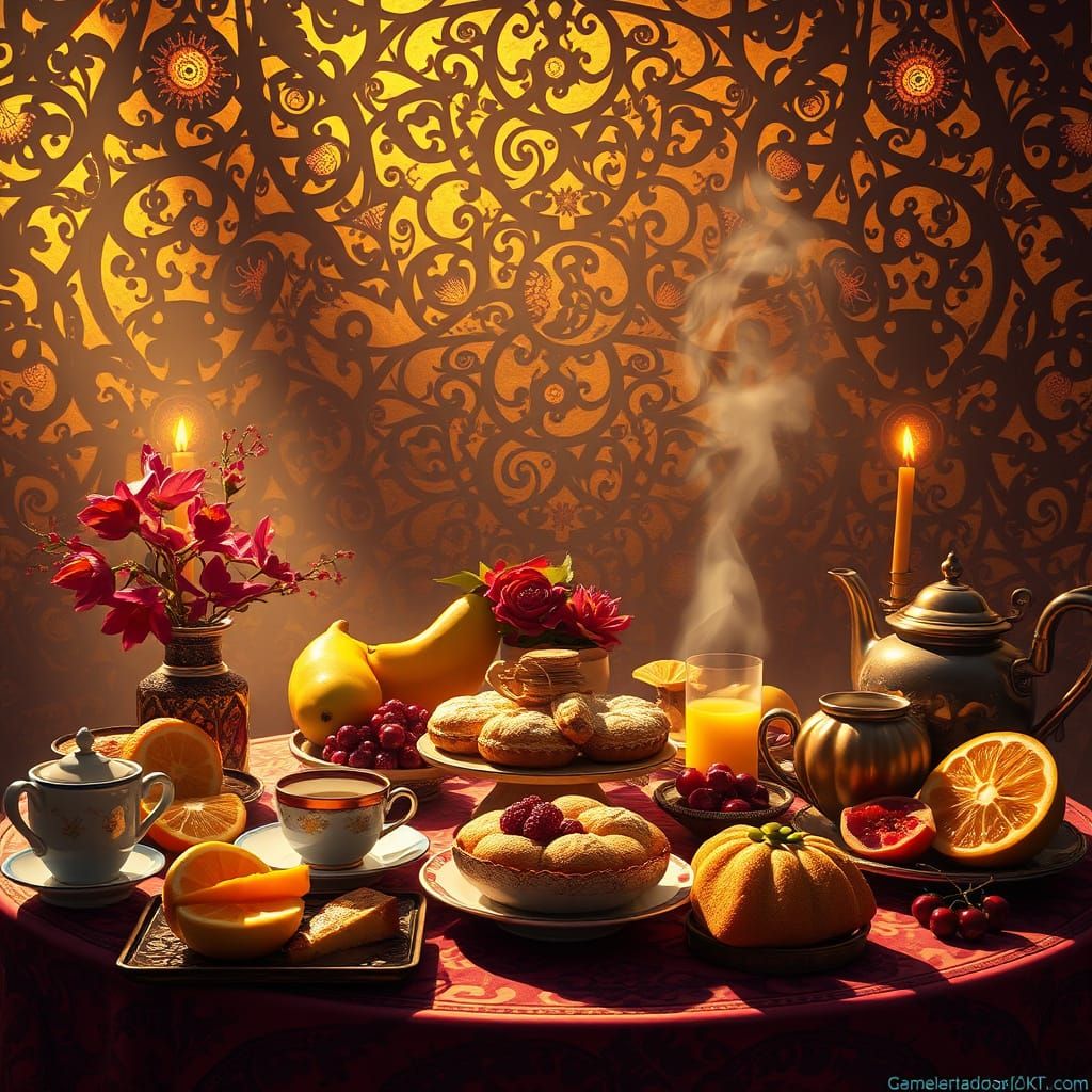 Golden Sunrise Breakfast Feast in Vibrant, Swirling Patterns