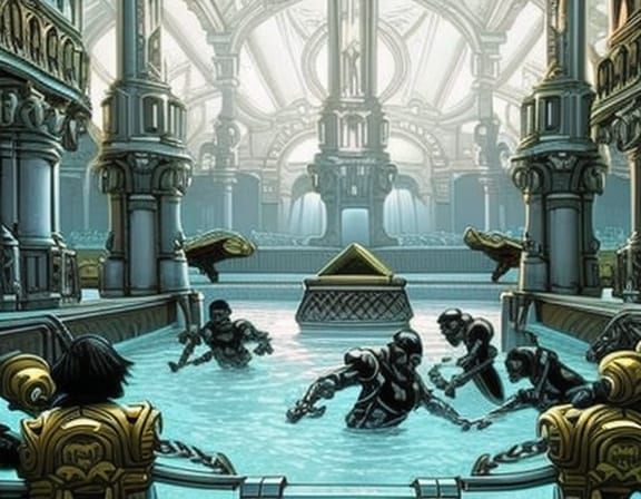 Robots Clean Rococo Pool in Comic Book Style