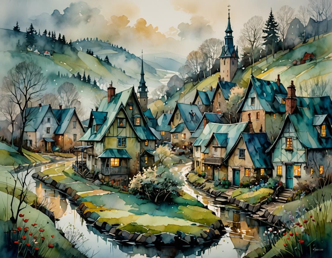 Magical Foggy Spring Morning Whimsical Illustration